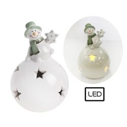 PORCELAIN LED SNOWMAN ON BALL GREEN/WHITE12.5