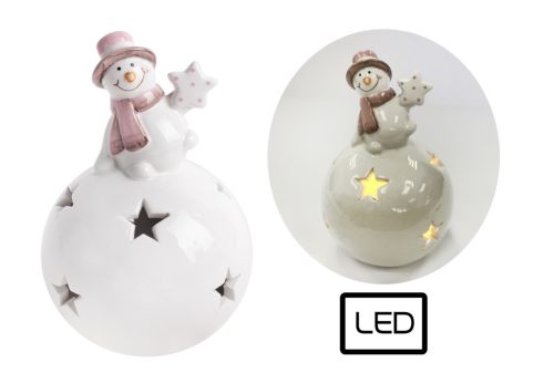 PORCELAIN LED SNOWMAN ON BALL RED/WHITE12.5