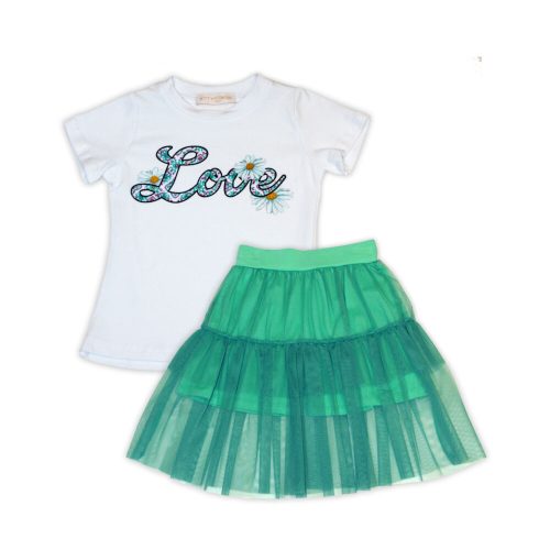 Flower patterned cotton t-shirt - mint green tulle skirt set for girls - 116