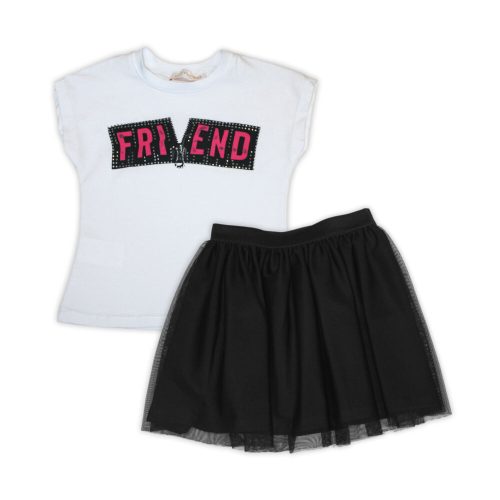Text patterned cotton t-shirt - cool black tulle skirt for girls - white-black - 128