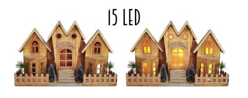 WOODEN HOUSE 4 TOWER BROWN/WHITE+15 LED 49*9*30