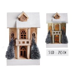 WOODEN HOUSE+5LED 2SNOWMAN+2WOODEN TREE 29,5