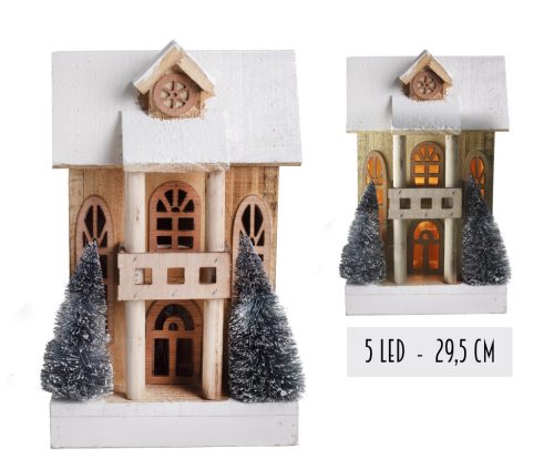 WOODEN HOUSE+5LED 2SNOWMAN+2WOODEN TREE 29,5