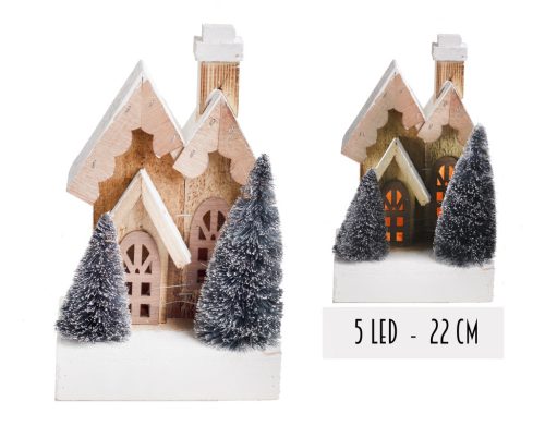 WOODEN HOUSE 3AS+5LED+2PINE TREE 22