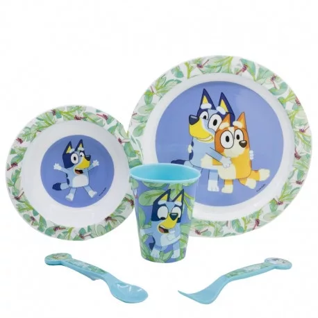 Bluey 5 részes mikrózható étkészlet (lapos tányér|mély tányér|villa|kanál|pohár)