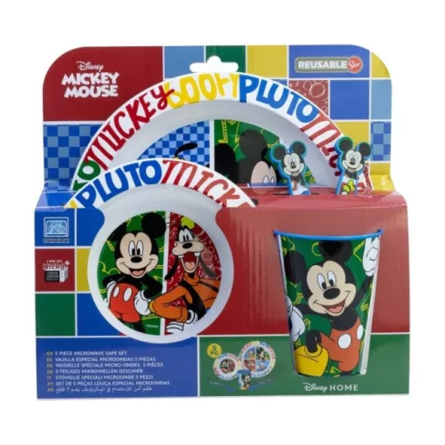 Mickey Egér 5 részes mikrózható étkészlet (lapostányér, mélytányér, pohár, kanál, villa)
