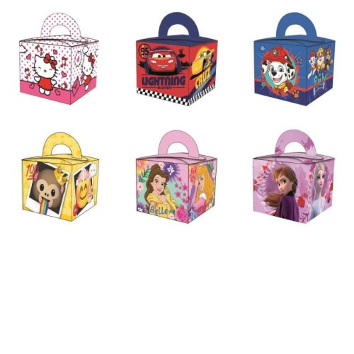 Szülinapi ajándék doboz 6,5x6,5x5,6cm 6 minta 48db/csomag (Hello Kitty/Cars/Paw Patrol/Monkey/Princess/Frozen)