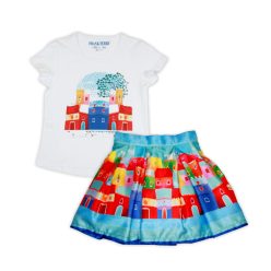   Cottage patterned cotton t-shirt-skirt set for girls - white patterned - 122