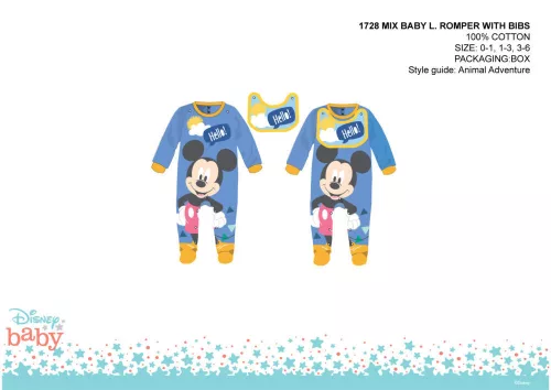 Disney Mickey Mouse baby onesie with bib - steel blue - for 0-1 month old baby
