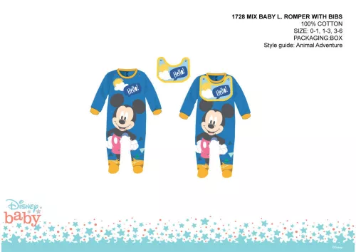 Disney Mickey Mouse baby onesie with bib - medium blue - for 0-1 month old baby