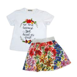   Floral summer set for girls - cotton set - white-floral - 128