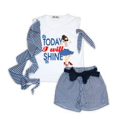   Cotton checkered-ruffled summer girl pants-shirt set - white-blue - 122