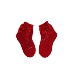   100% cotton baby girl crochet ankle socks with bow decoration - red - 13-14