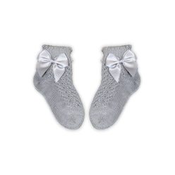   100% cotton baby girl crochet ankle socks with bow decoration - gray - 16-17