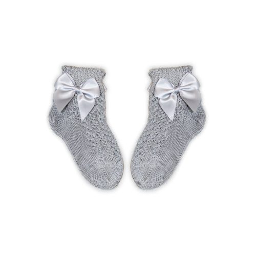 100% cotton baby girl crochet ankle socks with bow decoration - gray - 20-21
