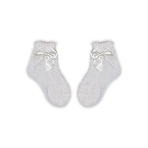 100% cotton baby girl crochet ankle socks with bow decoration - vanilla - 18-19