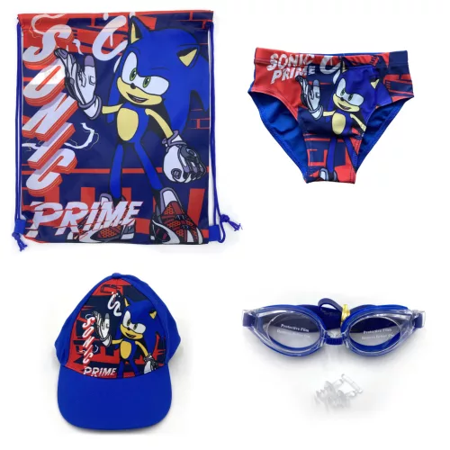 Sonic 4 részes strand szett (tornazsák+baseball sapka+fürdőnadrág+úszószemüveg) 7-8 éves korig