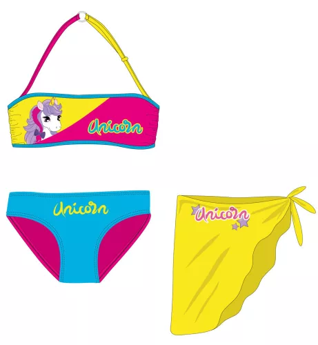 Unicorn swimsuit set - bikini+skirt for girls - pink-turquoise-yellow - 110